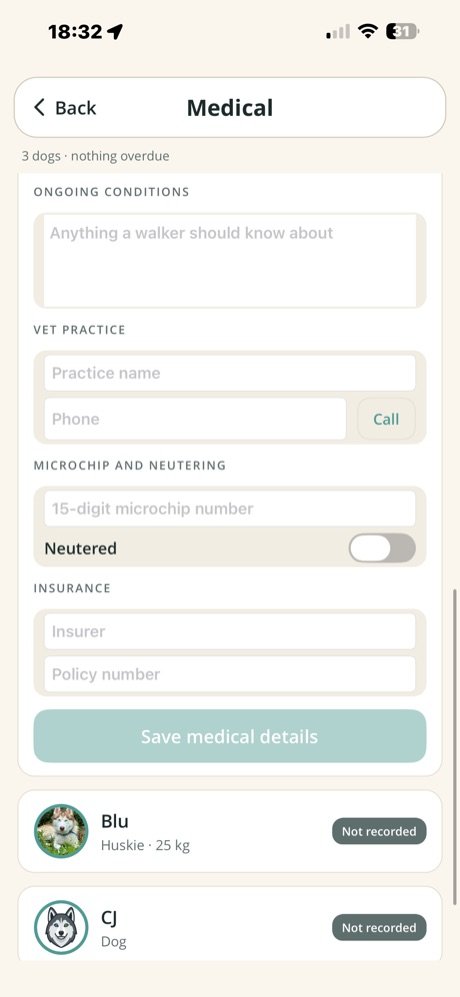 Vet practice, microchip and insurance details