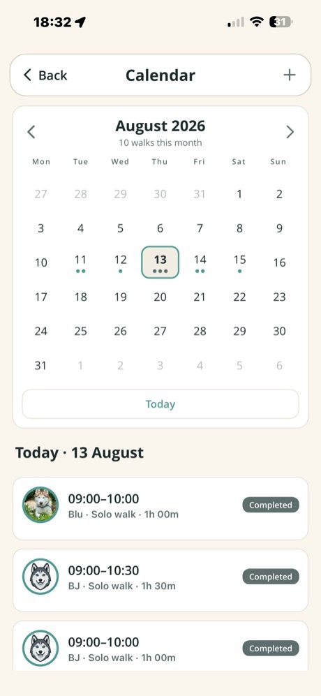 Month calendar with the day's walks