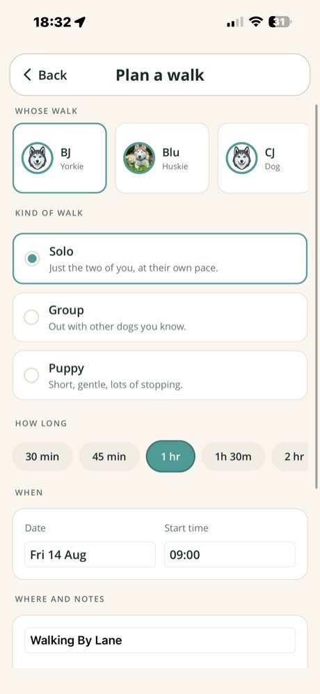 Planning a walk: choosing the dog, the kind of walk and how long