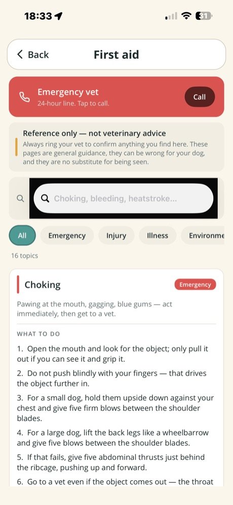 First aid: numbered steps for choking, with the emergency vet line at the top